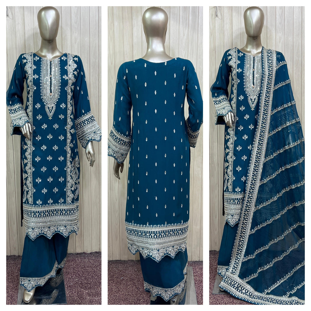 1961B Teal Embroidered Viscose Hand Work 3-Piece Suit - East meets west clothing 
