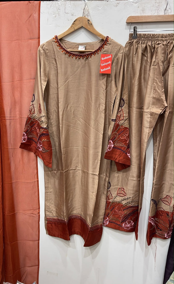 1180C - Beige Viscose Embroidered Pakistani Suit with Palazzo & Chiffon Dupatta - East meets west clothing 