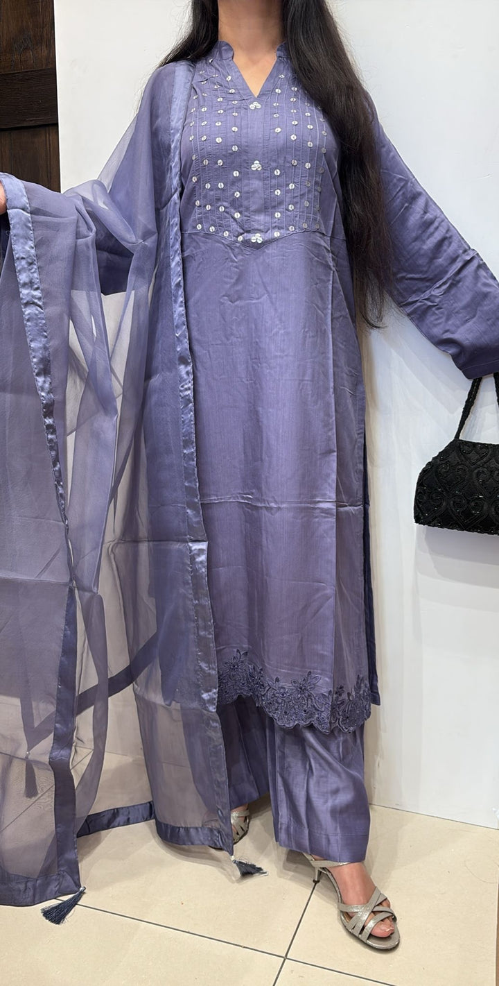 OLN3 - PURPLE LINEN EMBROIDERED 3 PIECE SUIT