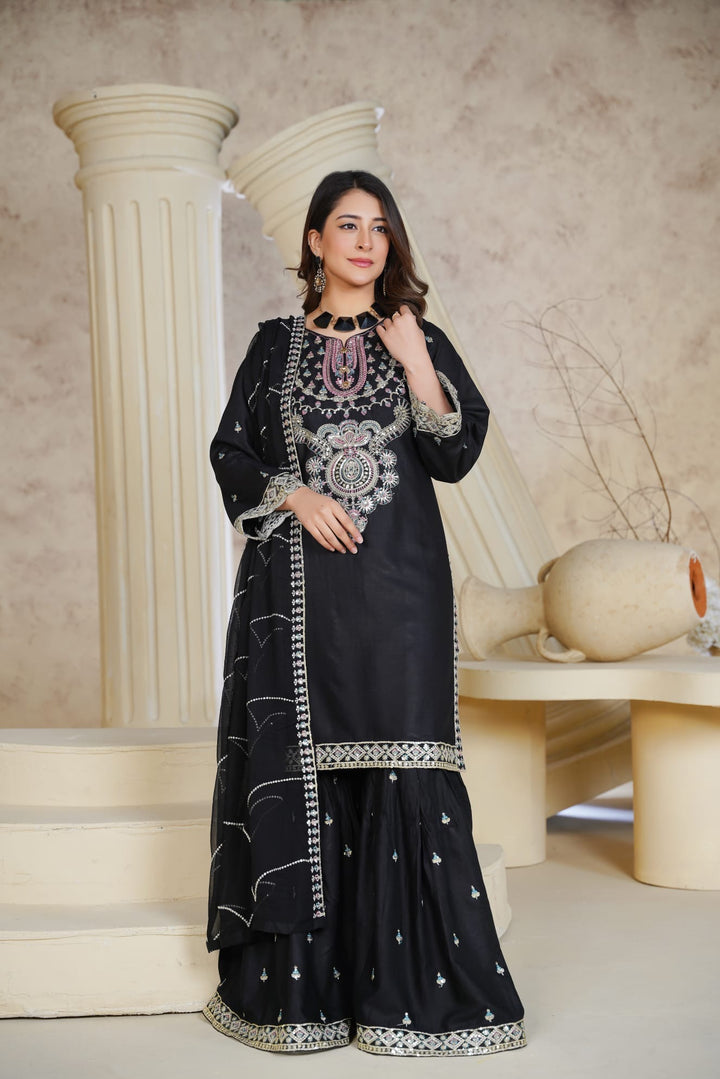1162A - Black Embroidered Linen 3 Piece Sharara suit
