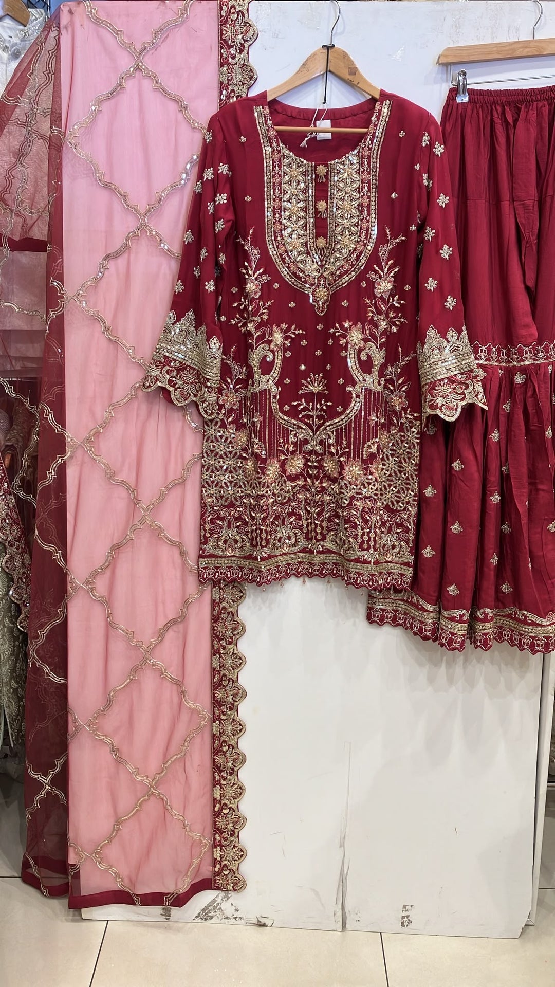 359A - Red Embroidered Chiffon Gharara 3 Piece Suit