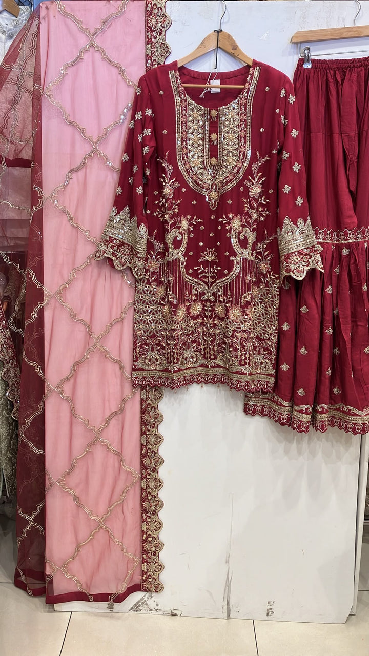 359A - Red Embroidered Chiffon Gharara 3 Piece Suit