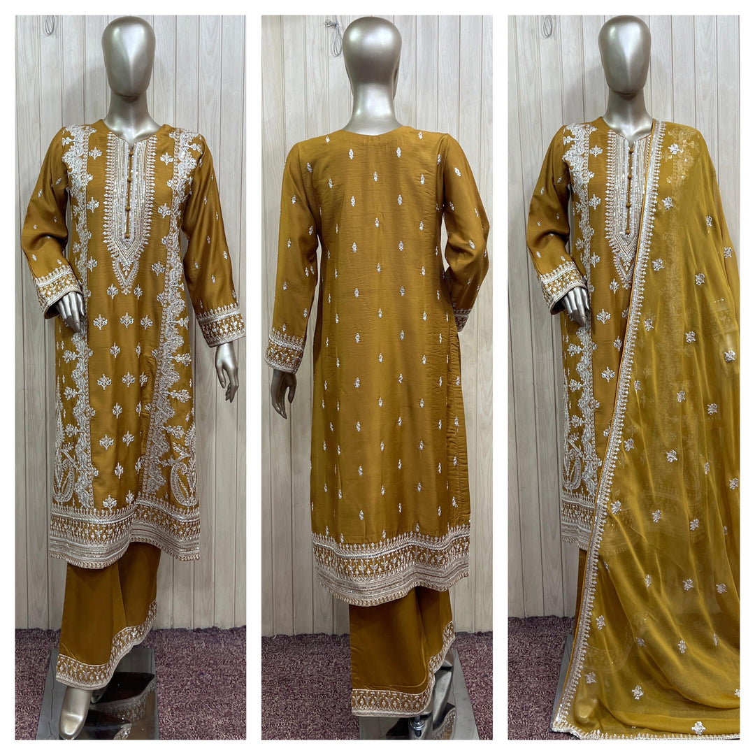 1153A - Mustard Embroidered Viscose Hand Work 3-Piece Suit - East meets west clothing 