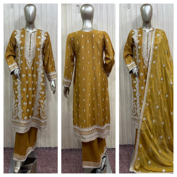 1153A - Mustard Embroidered Viscose Hand Work 3-Piece Suit - East meets west clothing 