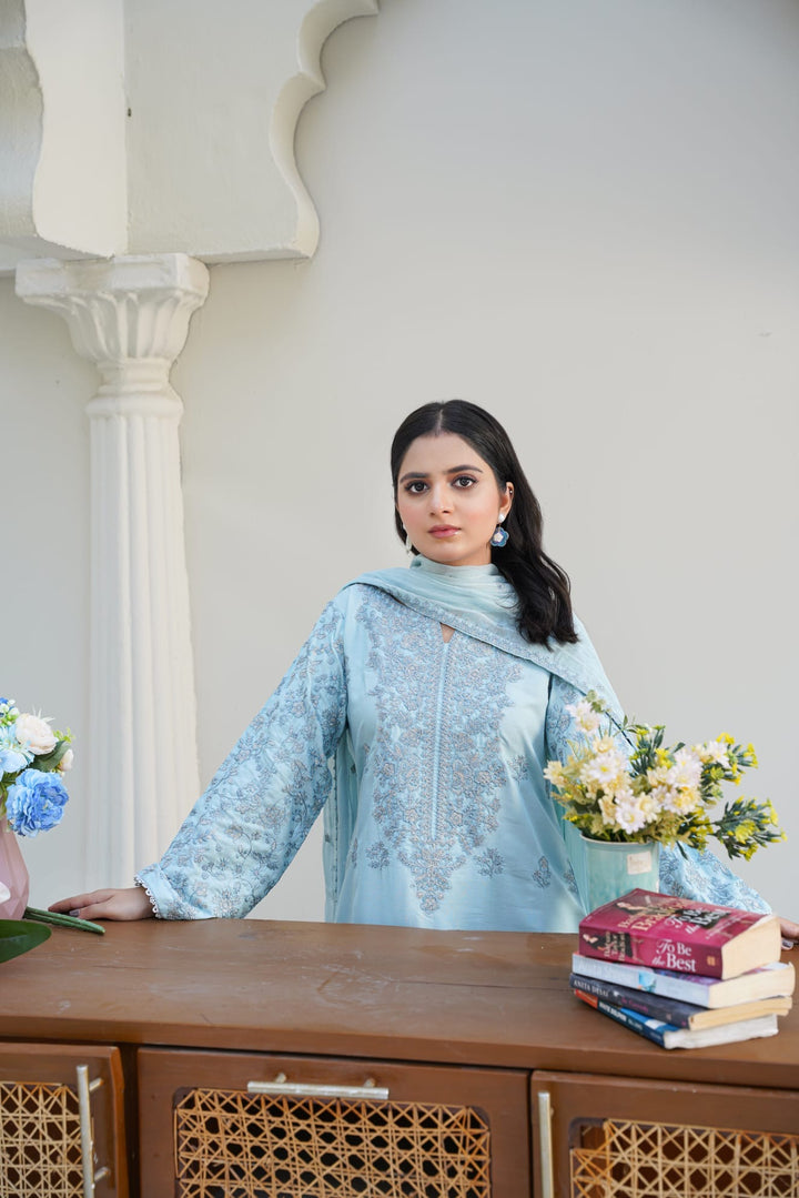 1164D- LIGHT BLUE LINEN EMBROIDERED 3 PIECE SUIT FARSHI SHALWAR