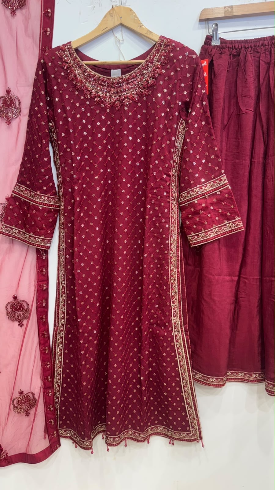 345A- Red Embroidered Chiffon 3 Piece Suit