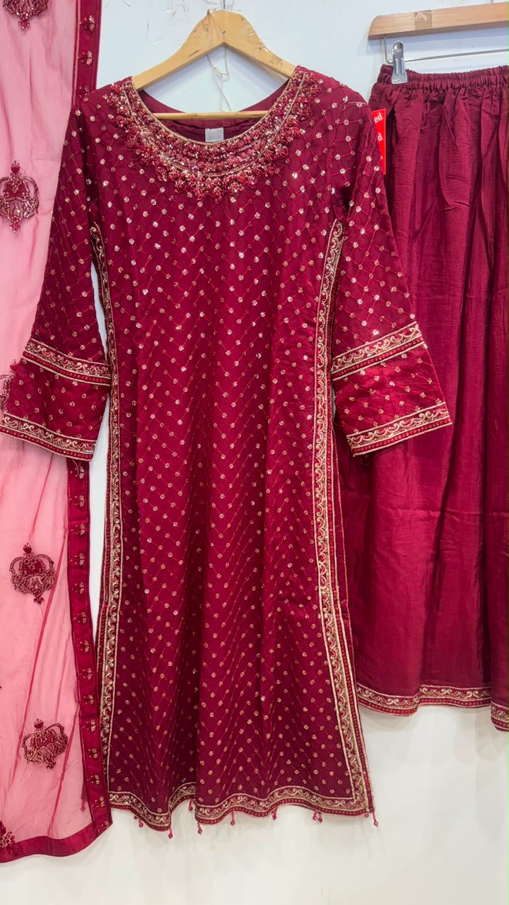 345A- Red Embroidered Chiffon 3 Piece Suit