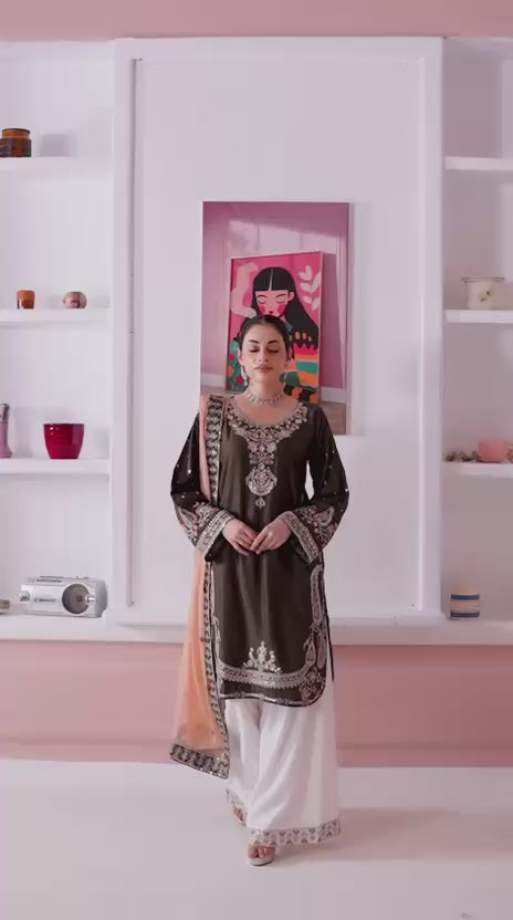 368A - BROWN VISCOSE EMBROIDERED PAKISTANI SUIT WITH CHIFFON DUPATTA