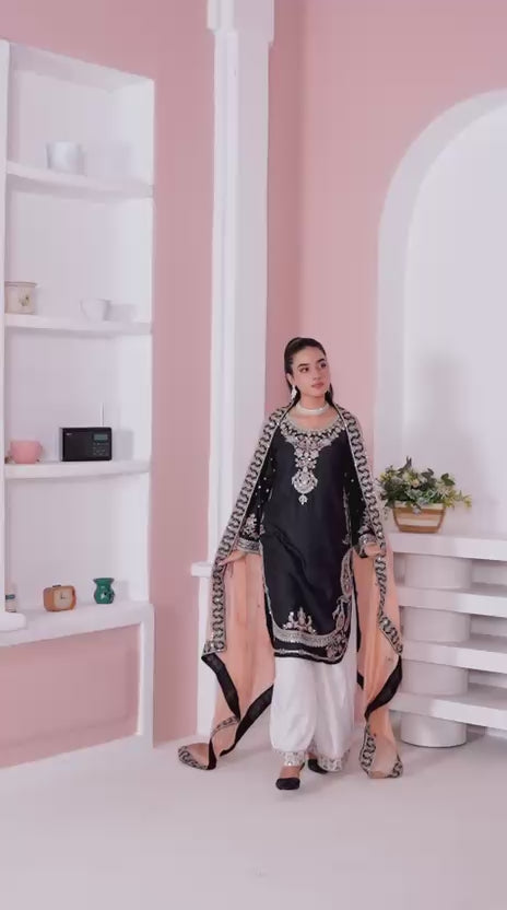 368B - BLACK VISCOSE EMBROIDERED PAKISTANI SUIT WITH CHIFFON DUPATTA
