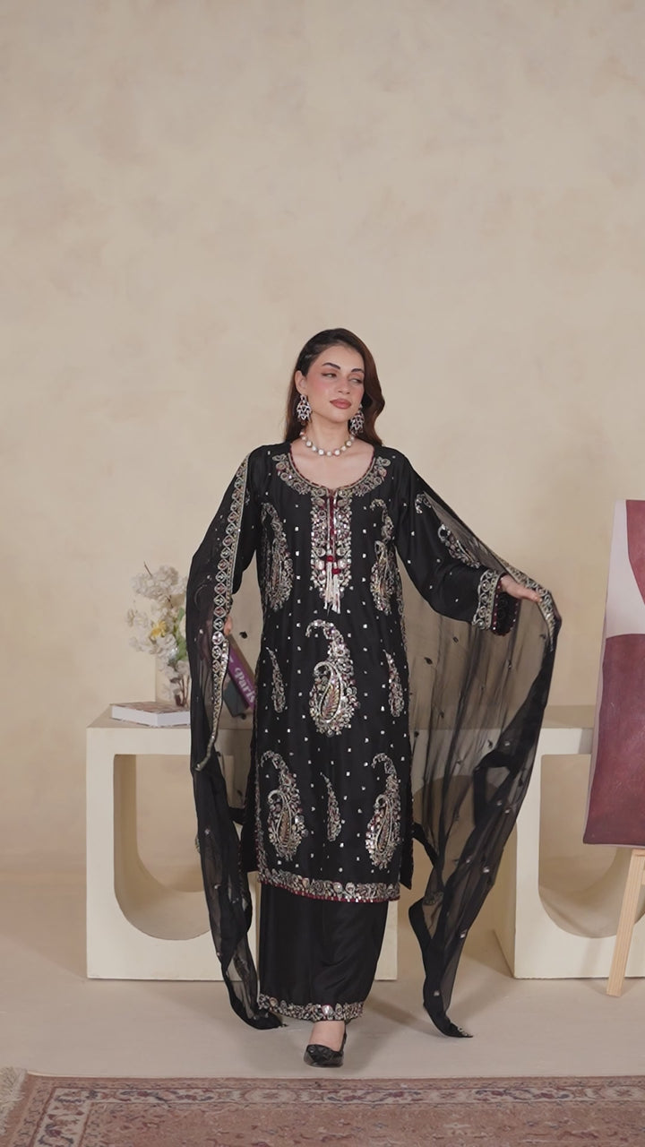 331A - Black Viscose Embroidered Pakistani Suit with Chiffon Dupatta
