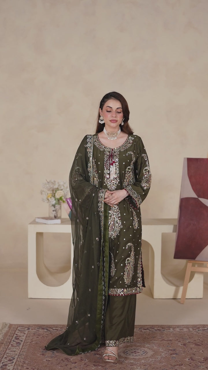 331D - Green Viscose Embroidered Pakistani Suit with Chiffon Dupatta