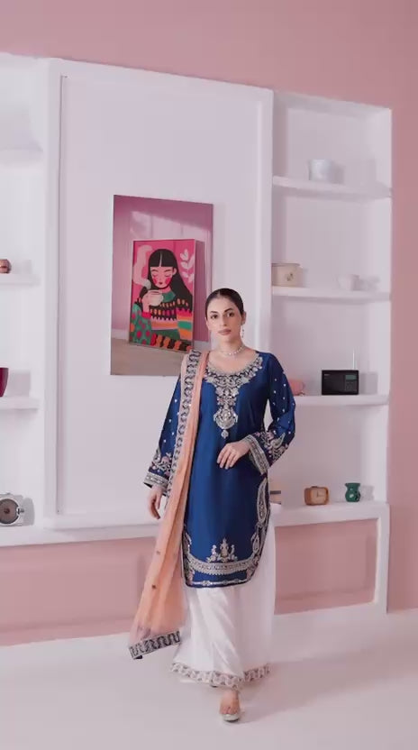 368D - BLUE VISCOSE EMBROIDERED PAKISTANI SUIT WITH CHIFFON DUPATTA