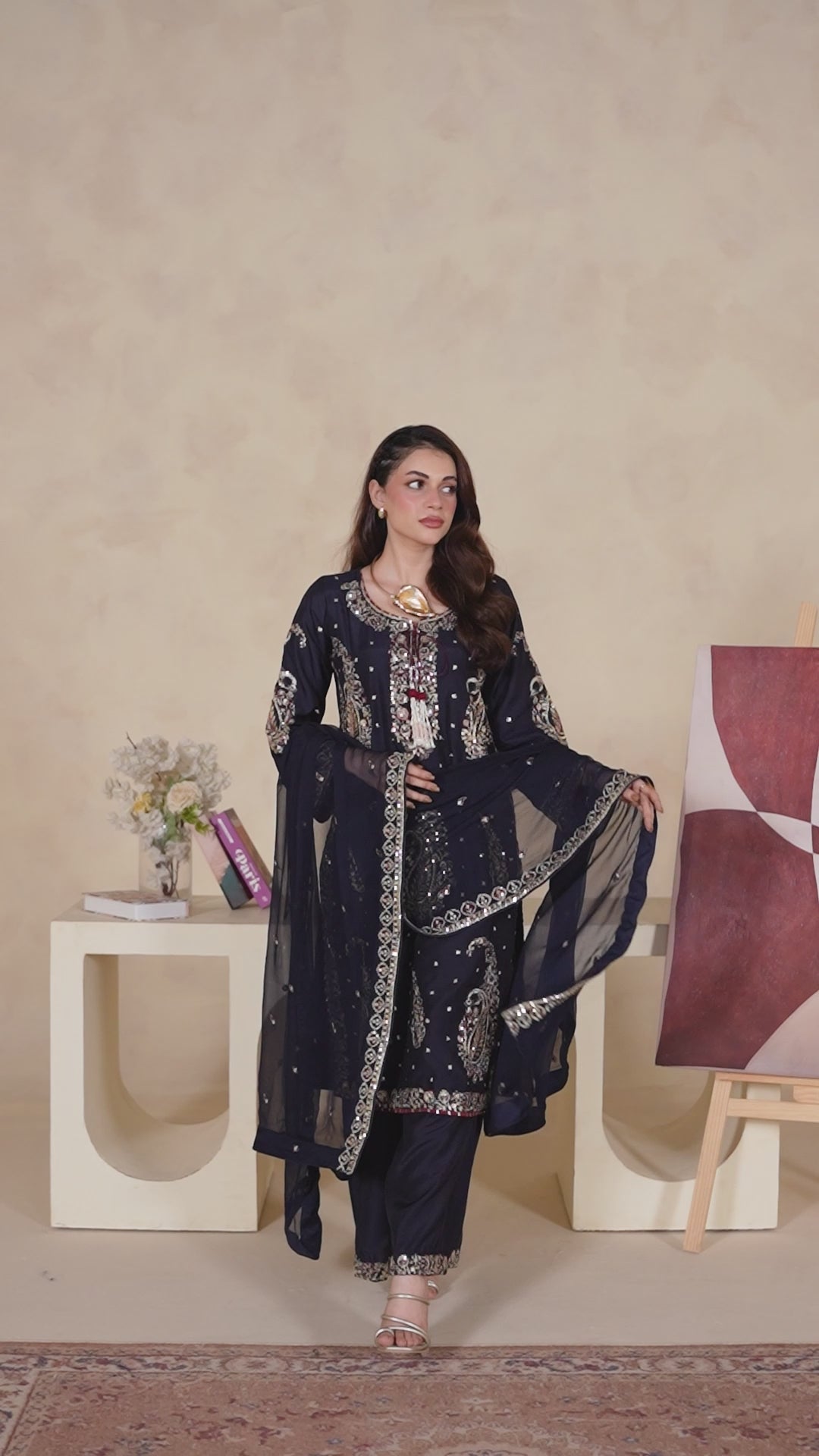 331B - Navy Blue Viscose Embroidered Pakistani Suit with Chiffon Dupatta