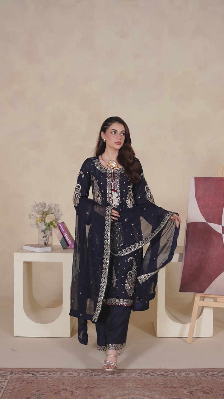331B - Navy Blue Viscose Embroidered Pakistani Suit with Chiffon Dupatta