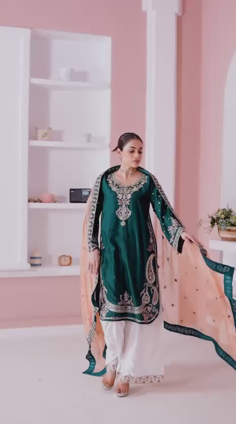368C - GREEN VISCOSE EMBROIDERED PAKISTANI SUIT WITH CHIFFON DUPATTA