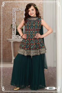 Girls Green Embroidered & Embellished Sharara Outfit K594c