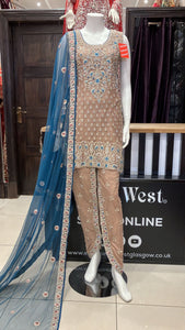 Heavy Embroidered & Embellished 3pc suit with Tulips 2090B