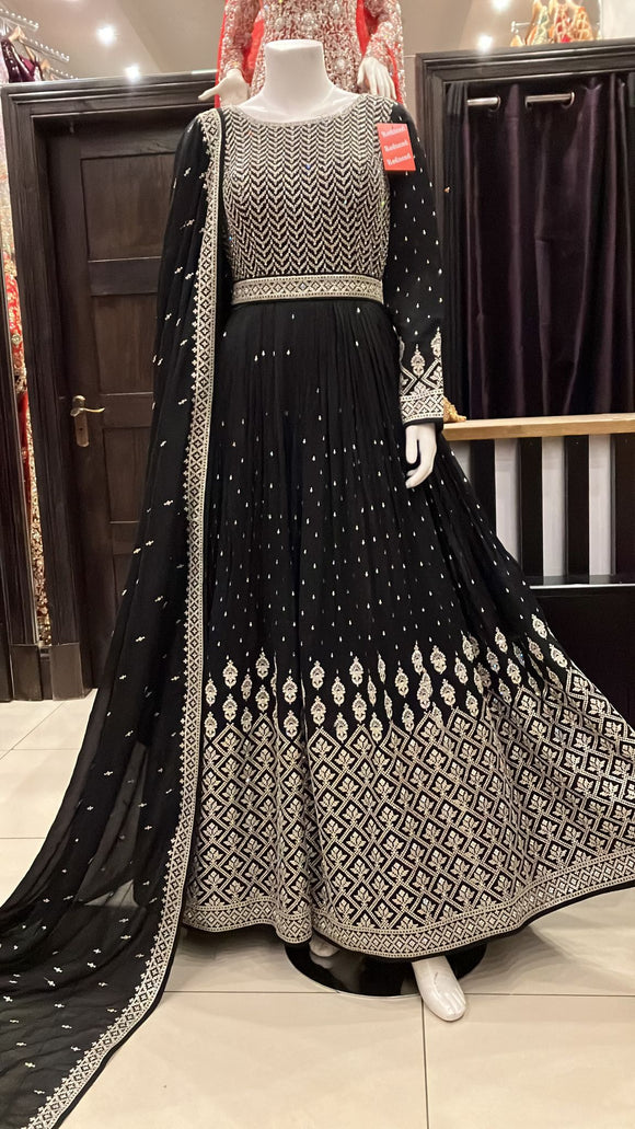 Black Heavy Embroidered & Embellished long dress 2084G