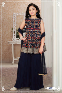 Girls Blue Embroidered & Embellished Sharara Outfit K594a