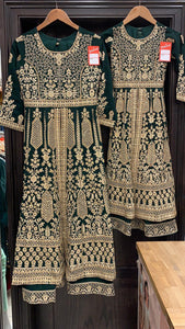 Girls Green Embroidered & Embellished Lenhga dress K591A