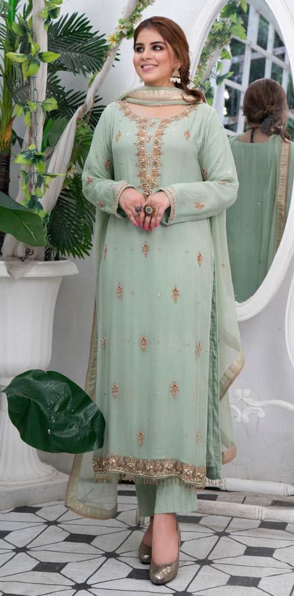 Pure chiffon 3pc suit hand Embroidered & Embellished ZC013