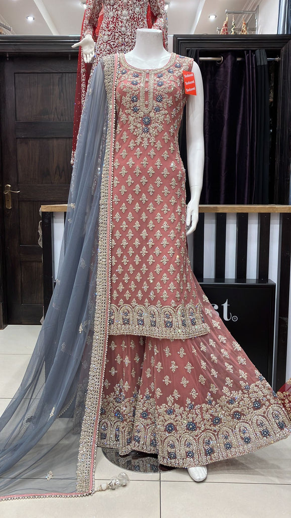 Heavy Embroidered & Embellished net Sharara suit 150D
