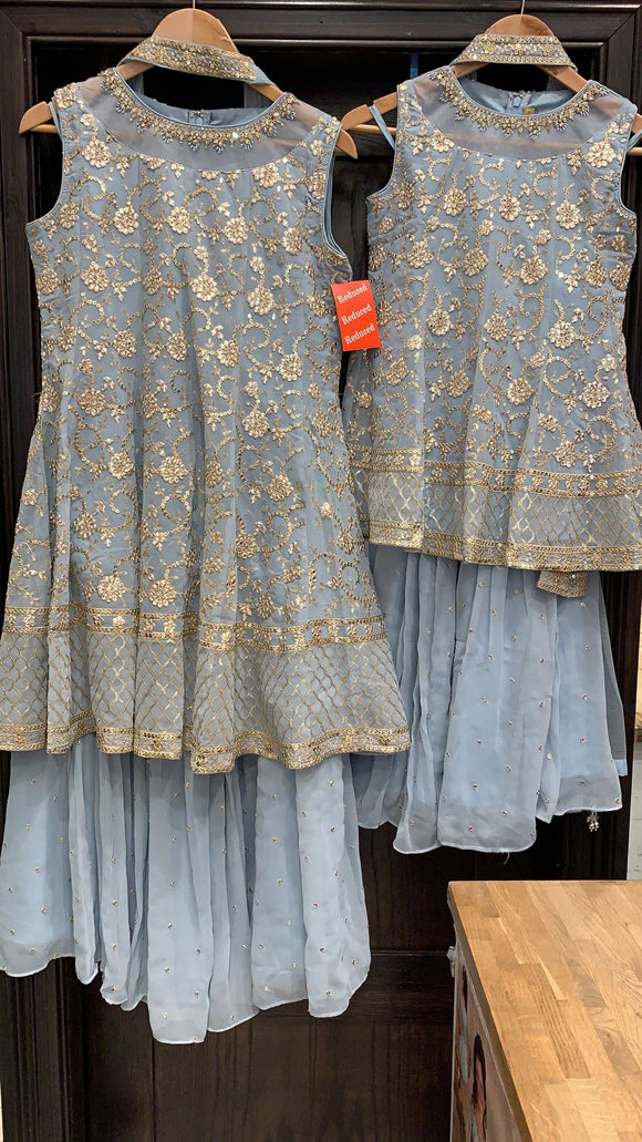 Girls Blue Embroidered & Embellished Sharara Outfit 1602A